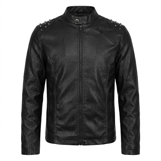 Men’s Studded Biker Leather Jacket front view featuring genuine black leather, shoulder studs, mandarin collar, and zip pockets   