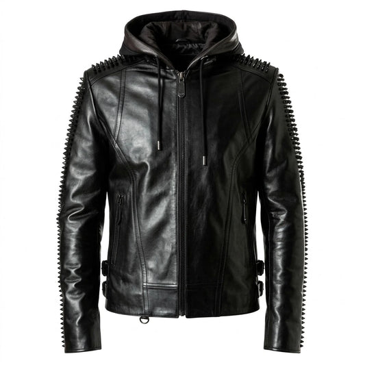 Men’s Studded Hooded Leather Biker Jacket front view featuring genuine black leather, continuous arm spike studs, integrated fleece hood, and zip pockets   