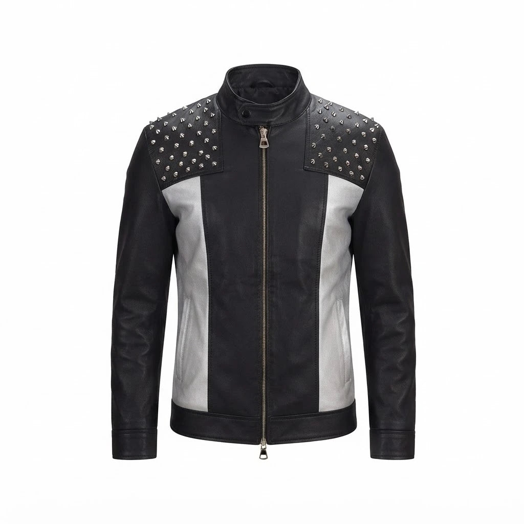 Men’s Studded Leather Biker Jacket front view featuring genuine black and silver leather, studded shoulder panels, mandarin snap collar, and zip front