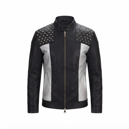 Men’s Studded Leather Biker Jacket front view featuring genuine black and silver leather, studded shoulder panels, mandarin snap collar, and zip front