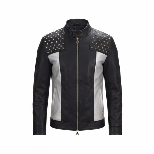 Men’s Studded Leather Biker Jacket front view featuring genuine black and silver leather, studded shoulder panels, mandarin snap collar, and zip front