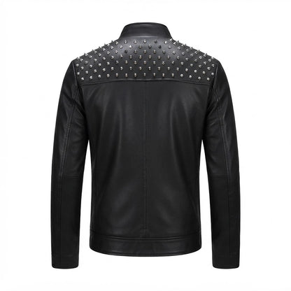 Men’s Studded Leather Biker Jacket front view featuring genuine black and silver leather, studded shoulder panels, mandarin snap collar, and zip front