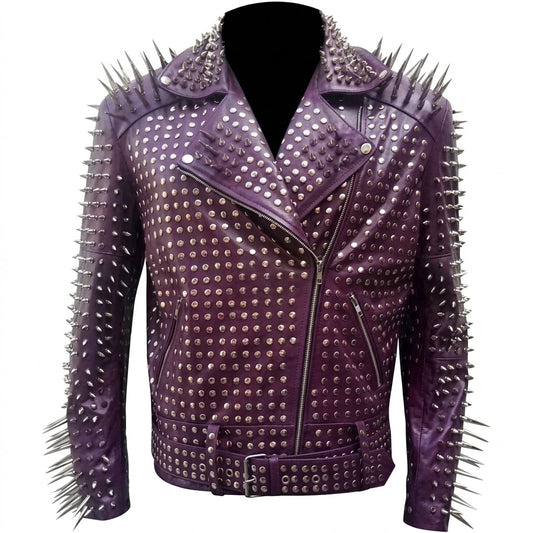 Men’s Studded Rocker Biker Leather Jacket front view featuring genuine purple leather, massive silver shoulder spikes, dome studs, and asymmetric zip