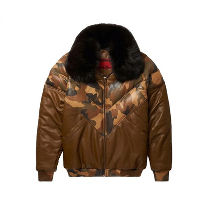 Men’s Stylish Brown Leather V-Bomber Jacket with camouflage chevron panels and black fur collar 
