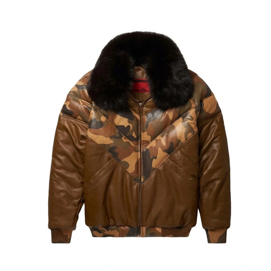 Men’s Stylish Brown Leather V-Bomber Jacket with camouflage chevron panels and black fur collar 