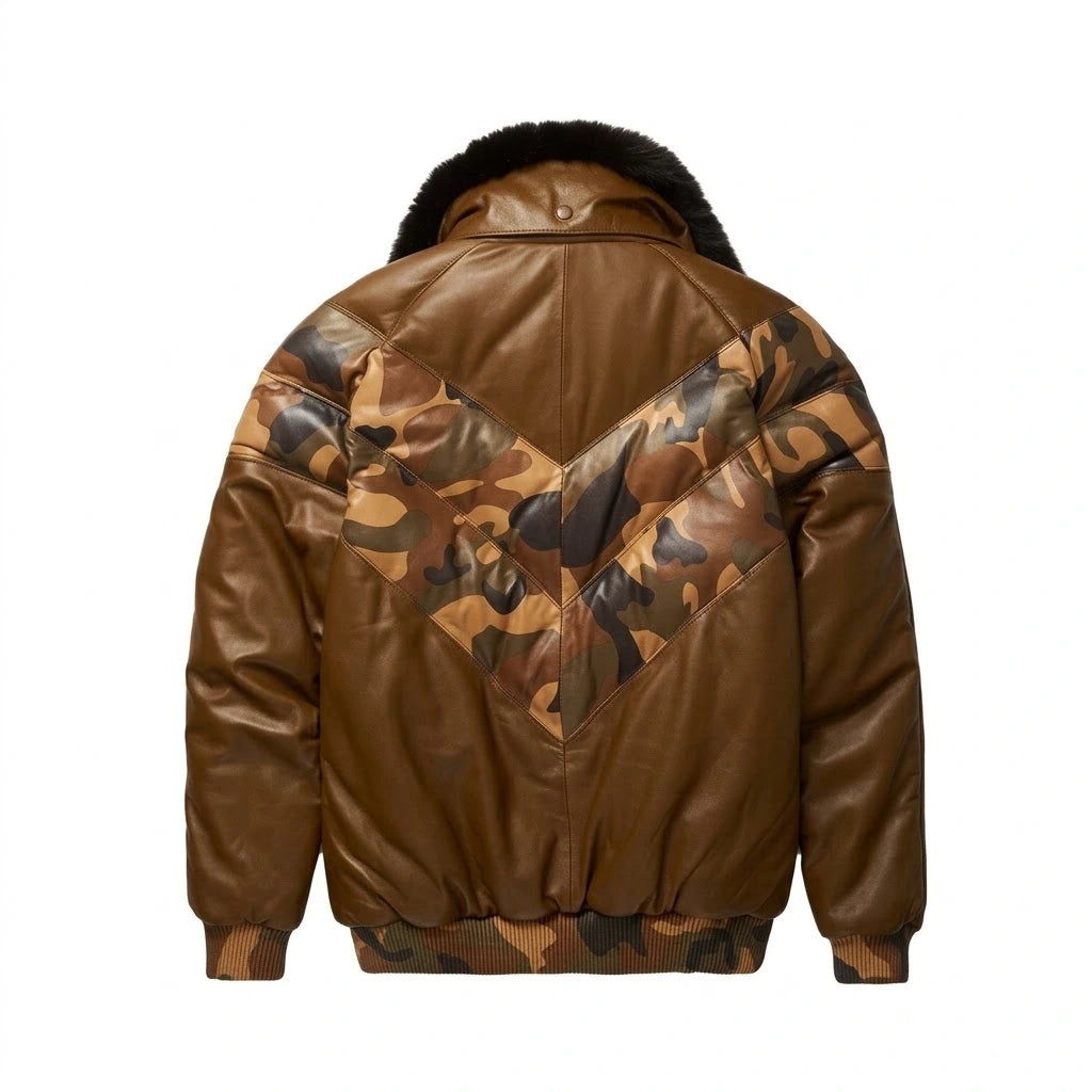 Men’s Stylish Brown Leather V-Bomber Jacket with camouflage chevron panels and black fur collar 