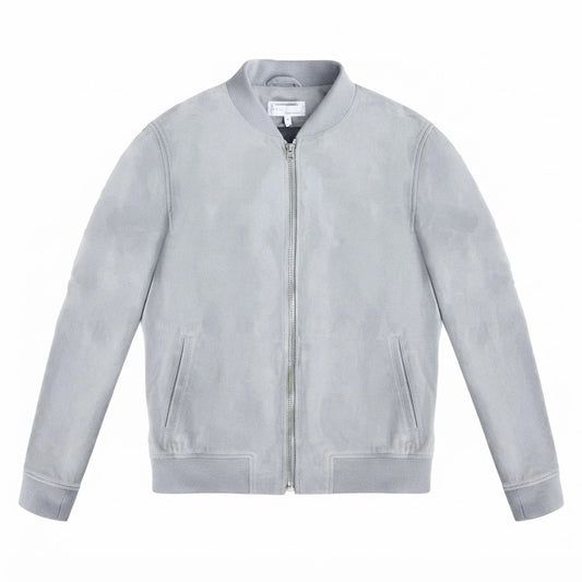 Men’s Suede Leather Bomber Jacket front view featuring light grey suede leather, full-zip front, slanted pockets, and ribbed trim   