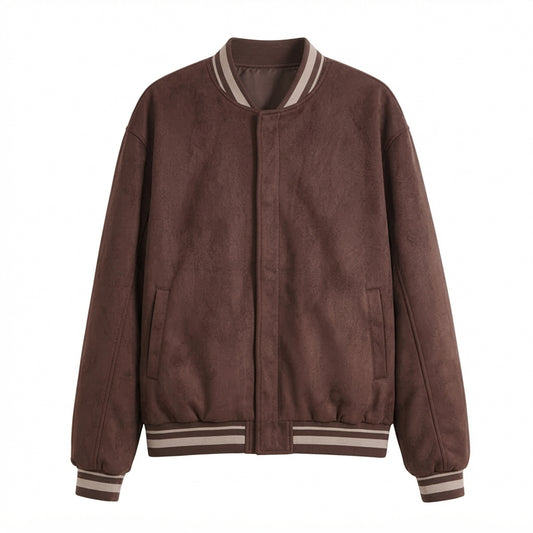 Men's Suede Varsity Jacket front view with brown suede finish and striped ribbed collar and cuffs, white background