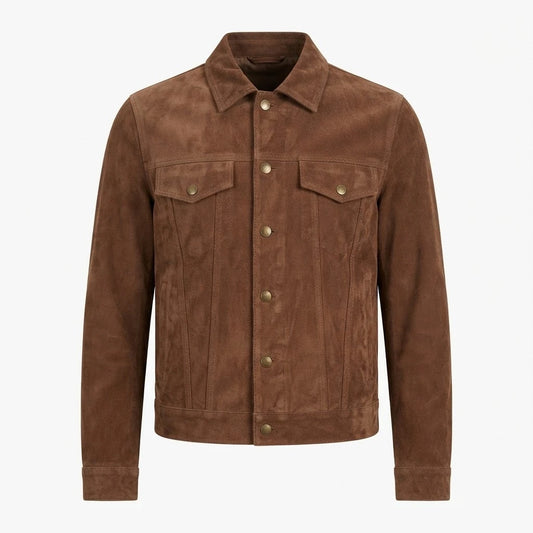 Men’s Tan Beige Suede Trucker Jacket front view featuring genuine tan beige suede, point collar, button front, and dual chest flap pockets   