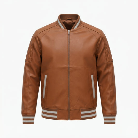 Men's Tan Brown Leather Varsity Jacket front view with full-zip front, quilted sleeve panels, and striped ribbing
