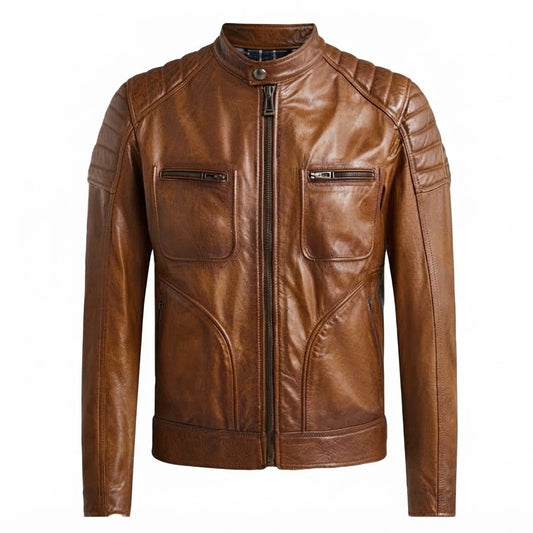 Men’s Tan Brown Waxed Sheepskin Leather Jacket front view with mandarin collar, quilted shoulders, and chest pockets