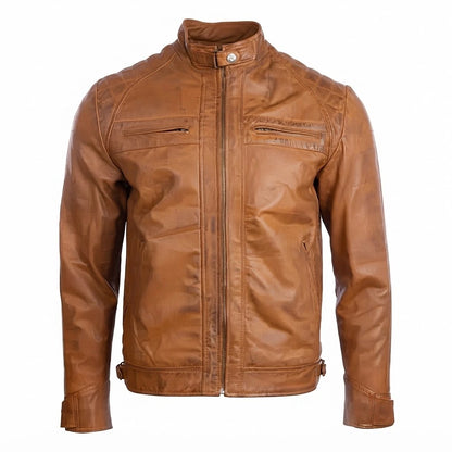 Men’s Tan Quilted Leather Biker Jacket front view with mandarin collar, quilted shoulders, and zip chest pockets
