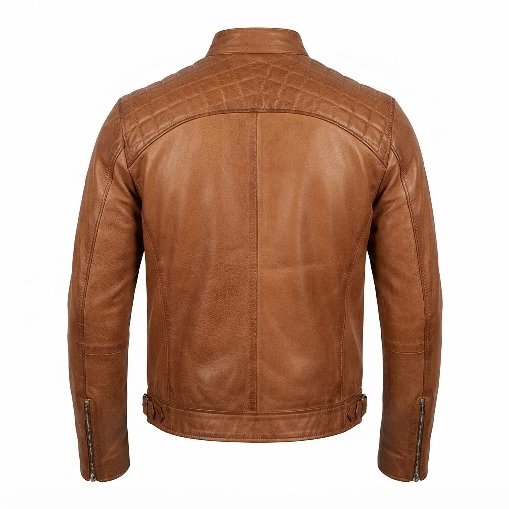 Men’s Tan Quilted Leather Biker Jacket front view with mandarin collar, quilted shoulders, and zip chest pockets