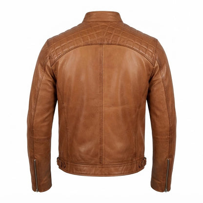 Men’s Tan Quilted Leather Biker Jacket front view with mandarin collar, quilted shoulders, and zip chest pockets