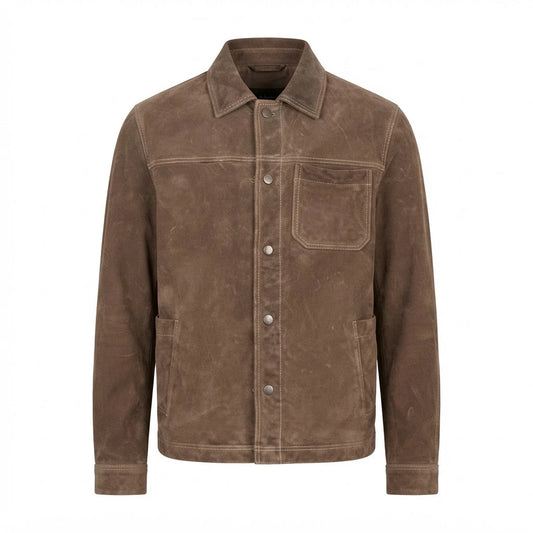 Men’s Tan Suede Trucker Jacket front view featuring genuine tan suede, point collar, button front, and utility chest pocket design   