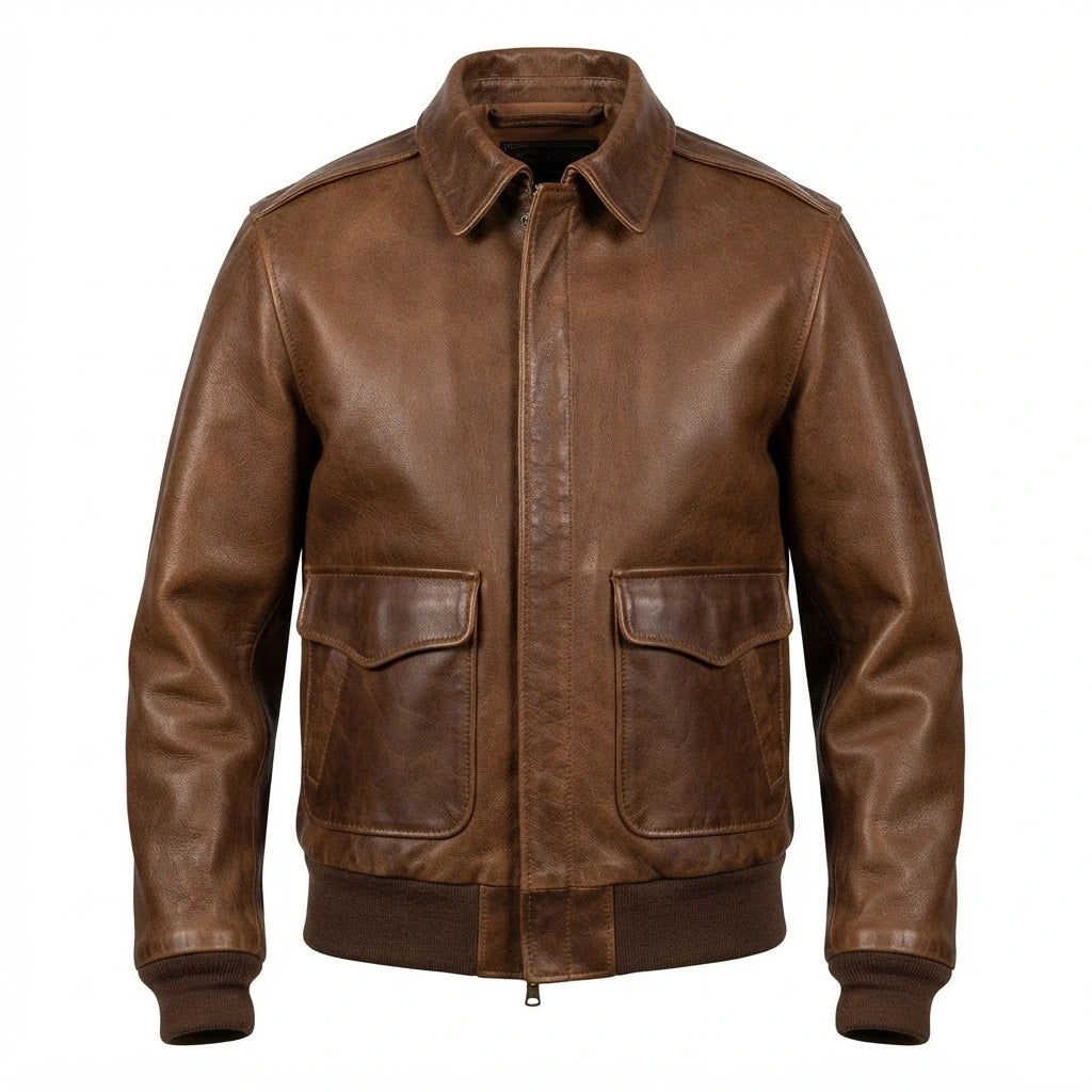 Men’s Traditional Brown Leather Jacket front view featuring genuine brown leather, shirt collar, dual flap pockets, and ribbed hem   