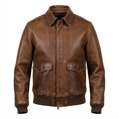 Men’s Traditional Brown Leather Jacket front view featuring genuine brown leather, shirt collar, dual flap pockets, and ribbed hem   