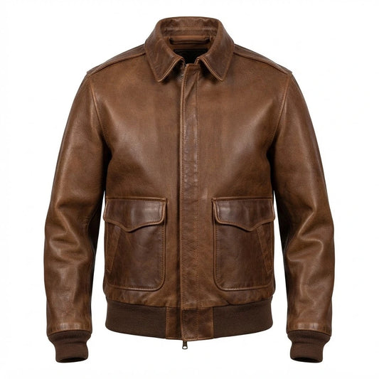 Men’s Traditional Brown Leather Jacket front view featuring genuine brown leather, shirt collar, dual flap pockets, and ribbed hem   