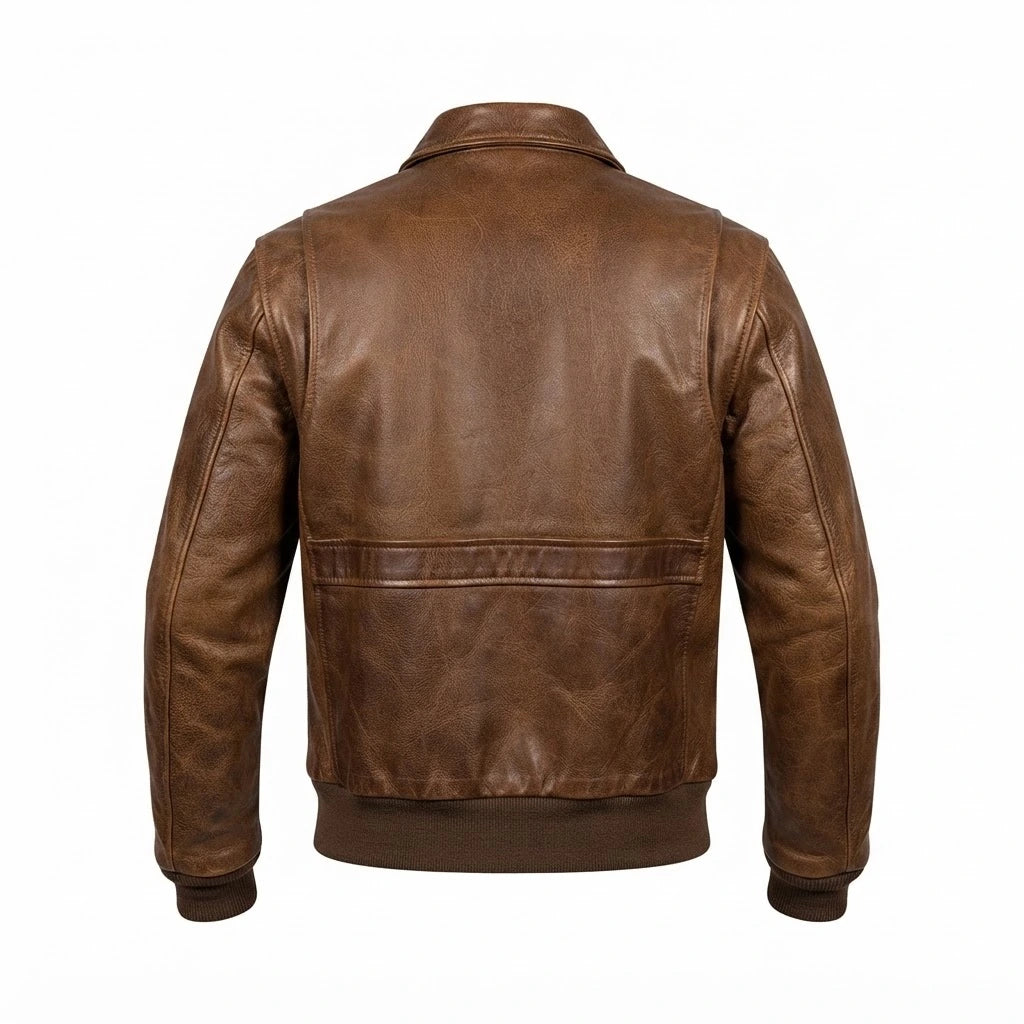 Men’s Traditional Brown Leather Jacket front view featuring genuine brown leather, shirt collar, dual flap pockets, and ribbed hem   