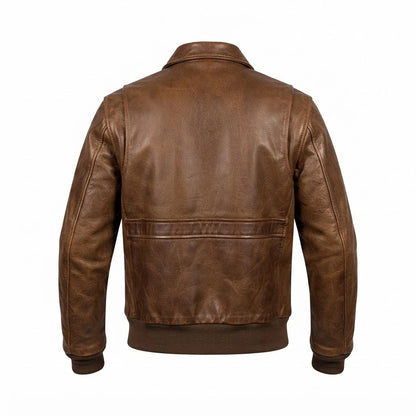 Men’s Traditional Brown Leather Jacket front view featuring genuine brown leather, shirt collar, dual flap pockets, and ribbed hem   