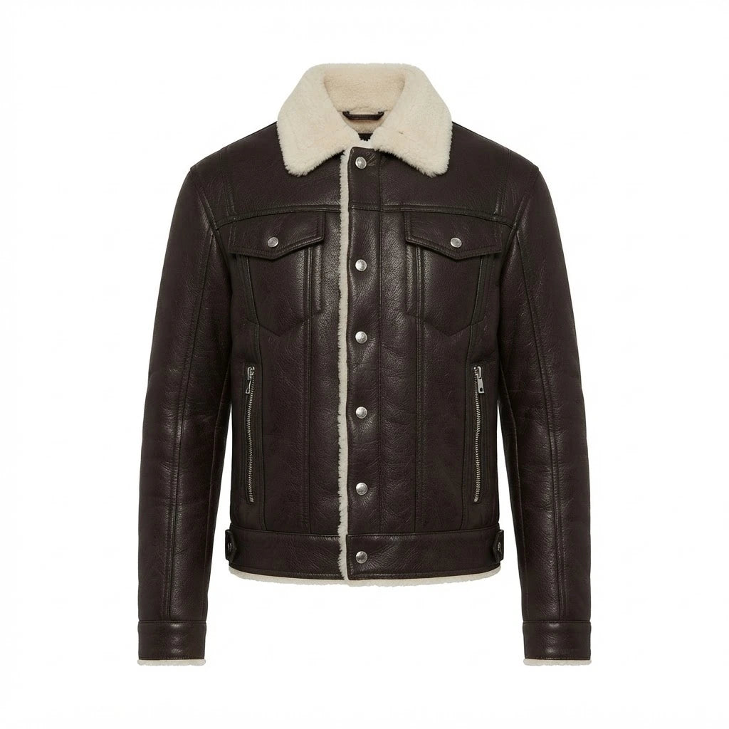 Men’s Urban Streetstyle Shearling Jacket front view featuring dark brown genuine leather, contrast shearling collar, snap placket, and zip pockets   