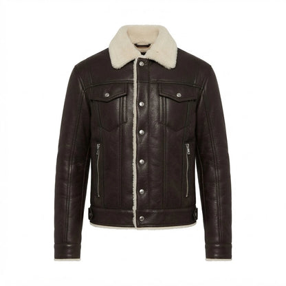 Men’s Urban Streetstyle Shearling Jacket front view featuring dark brown genuine leather, contrast shearling collar, snap placket, and zip pockets   