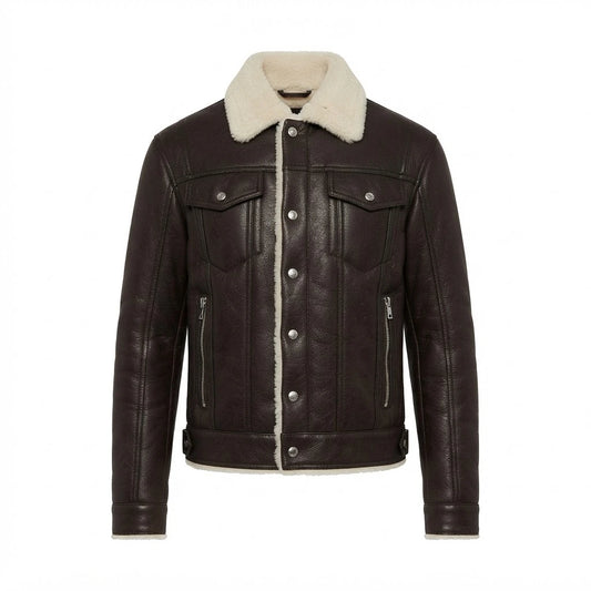 Men’s Urban Streetstyle Shearling Jacket front view featuring dark brown genuine leather, contrast shearling collar, snap placket, and zip pockets   