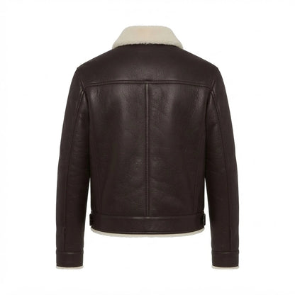 Men’s Urban Streetstyle Shearling Jacket front view featuring dark brown genuine leather, contrast shearling collar, snap placket, and zip pockets   