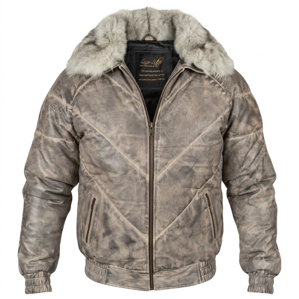 Men’s V-Bomber Winter Leather Jacket in distressed grey leather with ash grey fur collar 