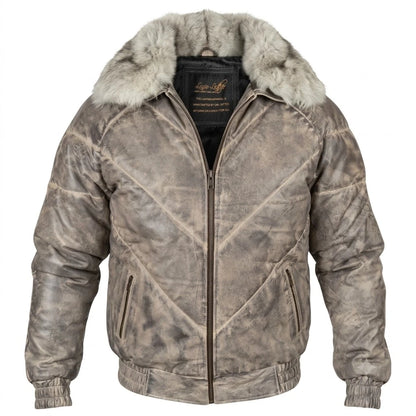 Men’s V-Bomber Winter Leather Jacket in distressed grey leather with ash grey fur collar 