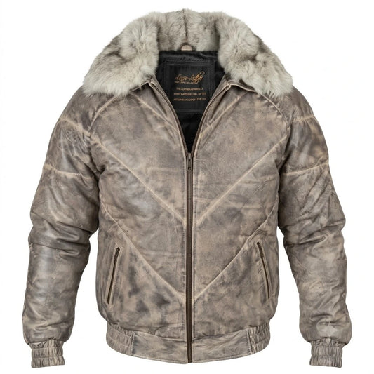 Men’s V-Bomber Winter Leather Jacket in distressed grey leather with ash grey fur collar 
