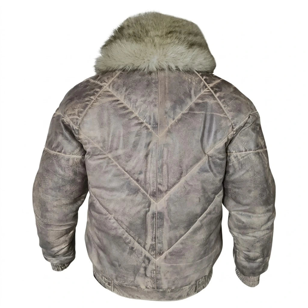Men’s V-Bomber Winter Leather Jacket in distressed grey leather with ash grey fur collar 