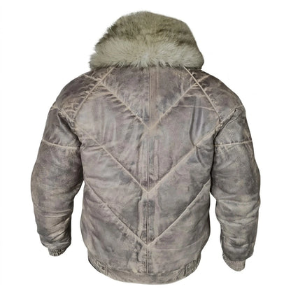 Men’s V-Bomber Winter Leather Jacket in distressed grey leather with ash grey fur collar 