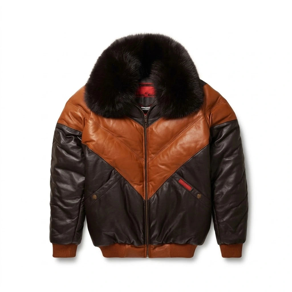 Men’s V Style Leather Bomber Jacket with black fur collar front view