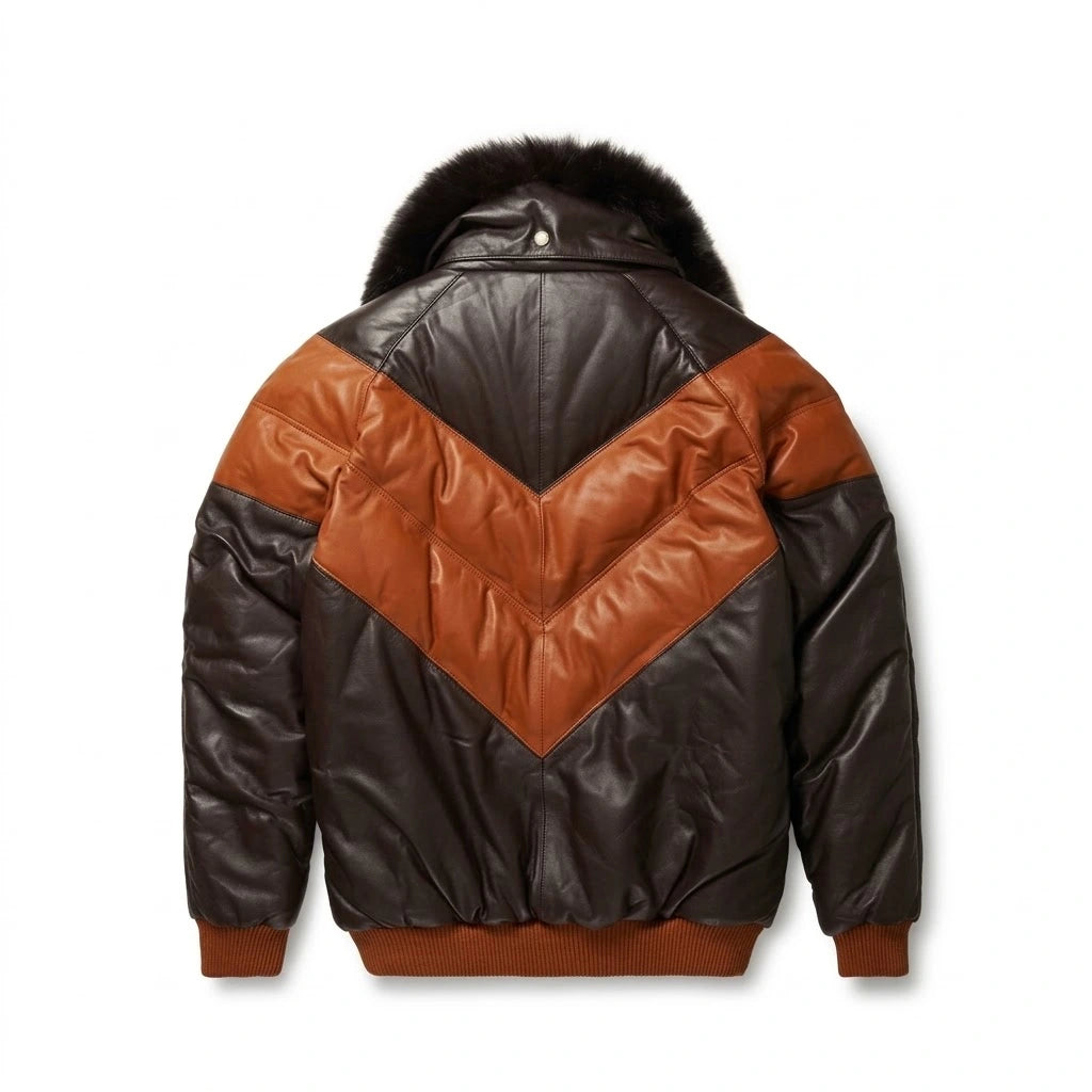 Men’s V Style Leather Bomber Jacket with black fur collar