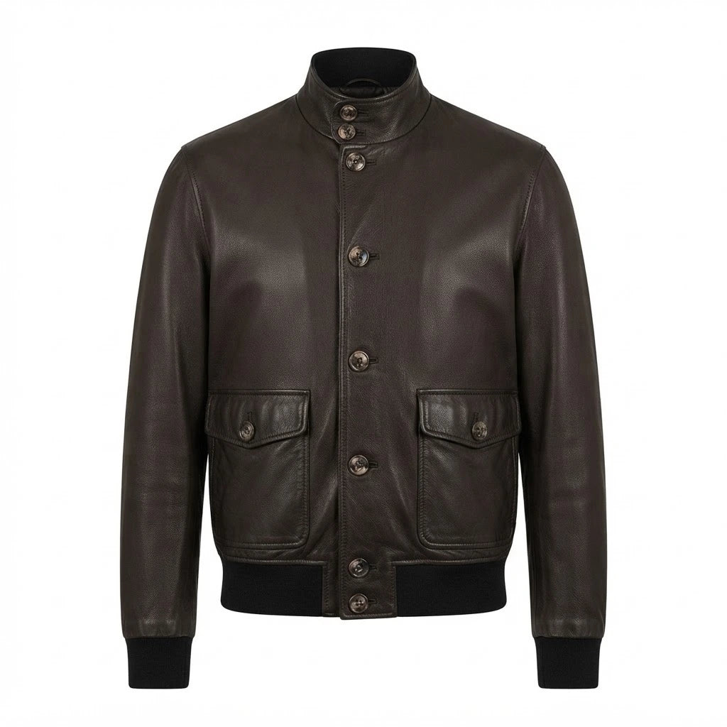 Men’s Vintage Black A-1 Flight Lambskin Leather Bomber Jacket front view featuring soft black lambskin, button-front closure, patch pockets, and ribbed trim   
