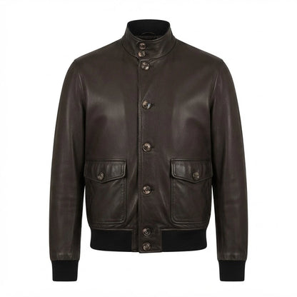 Men’s Vintage Black A-1 Flight Lambskin Leather Bomber Jacket front view featuring soft black lambskin, button-front closure, patch pockets, and ribbed trim   