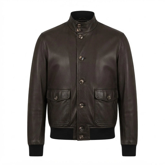 Men’s Vintage Black A-1 Flight Lambskin Leather Bomber Jacket front view featuring soft black lambskin, button-front closure, patch pockets, and ribbed trim   