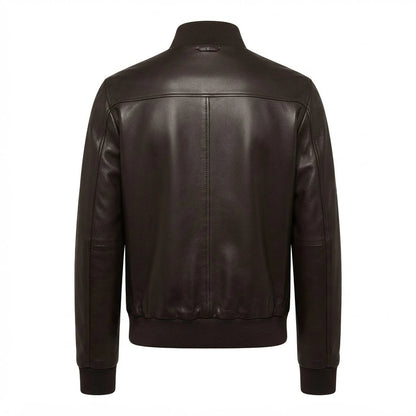 Men’s Vintage Black A-1 Flight Lambskin Leather Bomber Jacket front view featuring soft black lambskin, button-front closure, patch pockets, and ribbed trim   