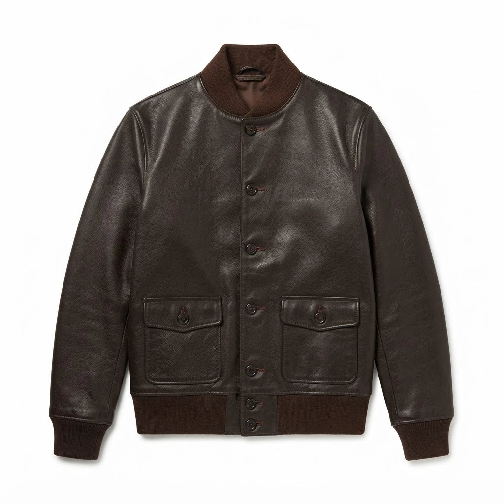 Men’s Vintage Brown A-1 Flight Leather Bomber Jacket front view featuring rich brown genuine leather, button-front closure, patch pockets, and ribbed trim   