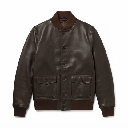 Men’s Vintage Brown A-1 Flight Leather Bomber Jacket front view featuring rich brown genuine leather, button-front closure, patch pockets, and ribbed trim   