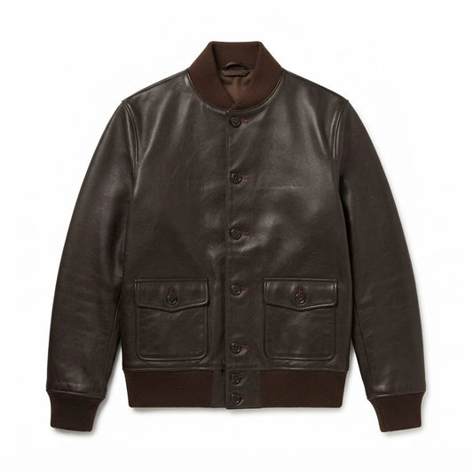 Men’s Vintage Brown A-1 Flight Leather Bomber Jacket front view featuring rich brown genuine leather, button-front closure, patch pockets, and ribbed trim   