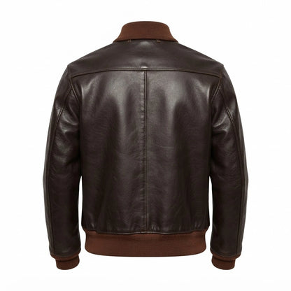 Men’s Vintage Brown A-1 Flight Leather Bomber Jacket front view featuring rich brown genuine leather, button-front closure, patch pockets, and ribbed trim   