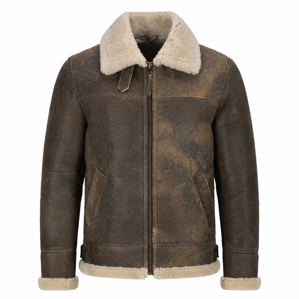 Men’s Vintage Brown Shearling Bomber Leather Jacket front view featuring distressed genuine leather, plush cream shearling collar, and zip closure   