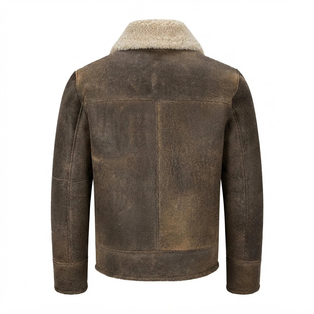 Men’s Vintage Brown Shearling Bomber Leather Jacket front view featuring distressed genuine leather, plush cream shearling collar, and zip closure   