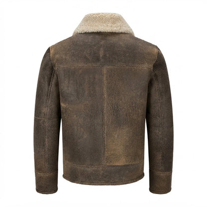 Men’s Vintage Brown Shearling Bomber Leather Jacket front view featuring distressed genuine leather, plush cream shearling collar, and zip closure   