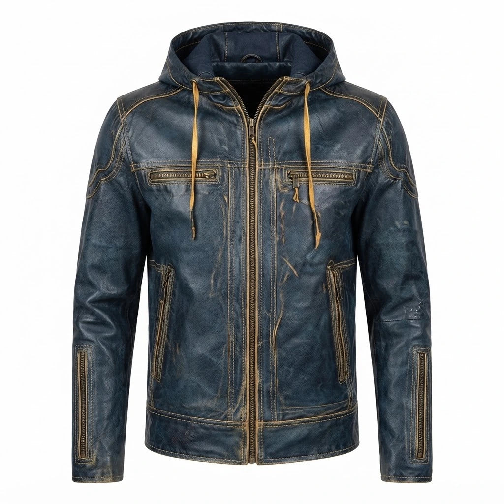 Men’s Vintage Distressed Blue Leather Hoodie Jacket front view featuring distressed blue leather, attached hood, chest zip pockets, and full metal zip