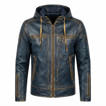 Men’s Vintage Distressed Blue Leather Hoodie Jacket front view featuring distressed blue leather, attached hood, chest zip pockets, and full metal zip