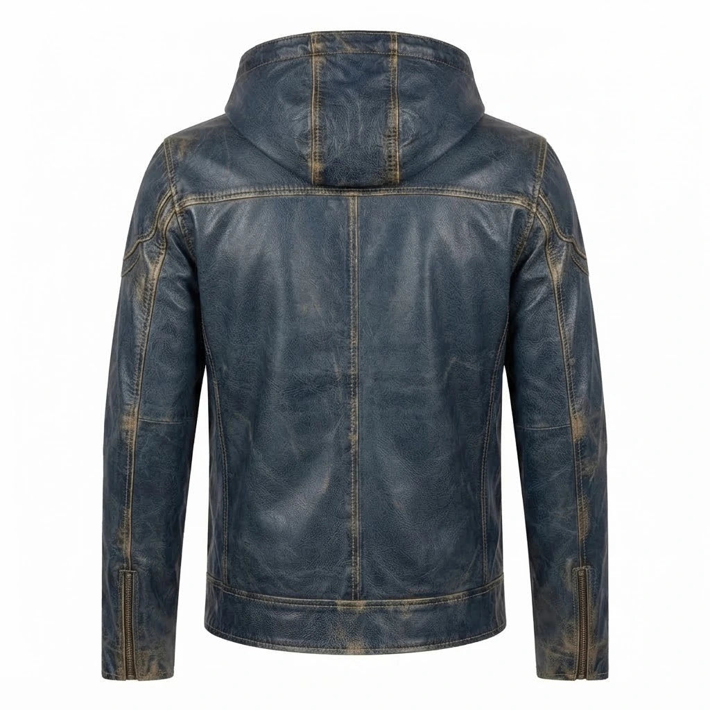 Men’s Vintage Distressed Blue Leather Hoodie Jacket front view featuring distressed blue leather, attached hood, chest zip pockets, and full metal zip