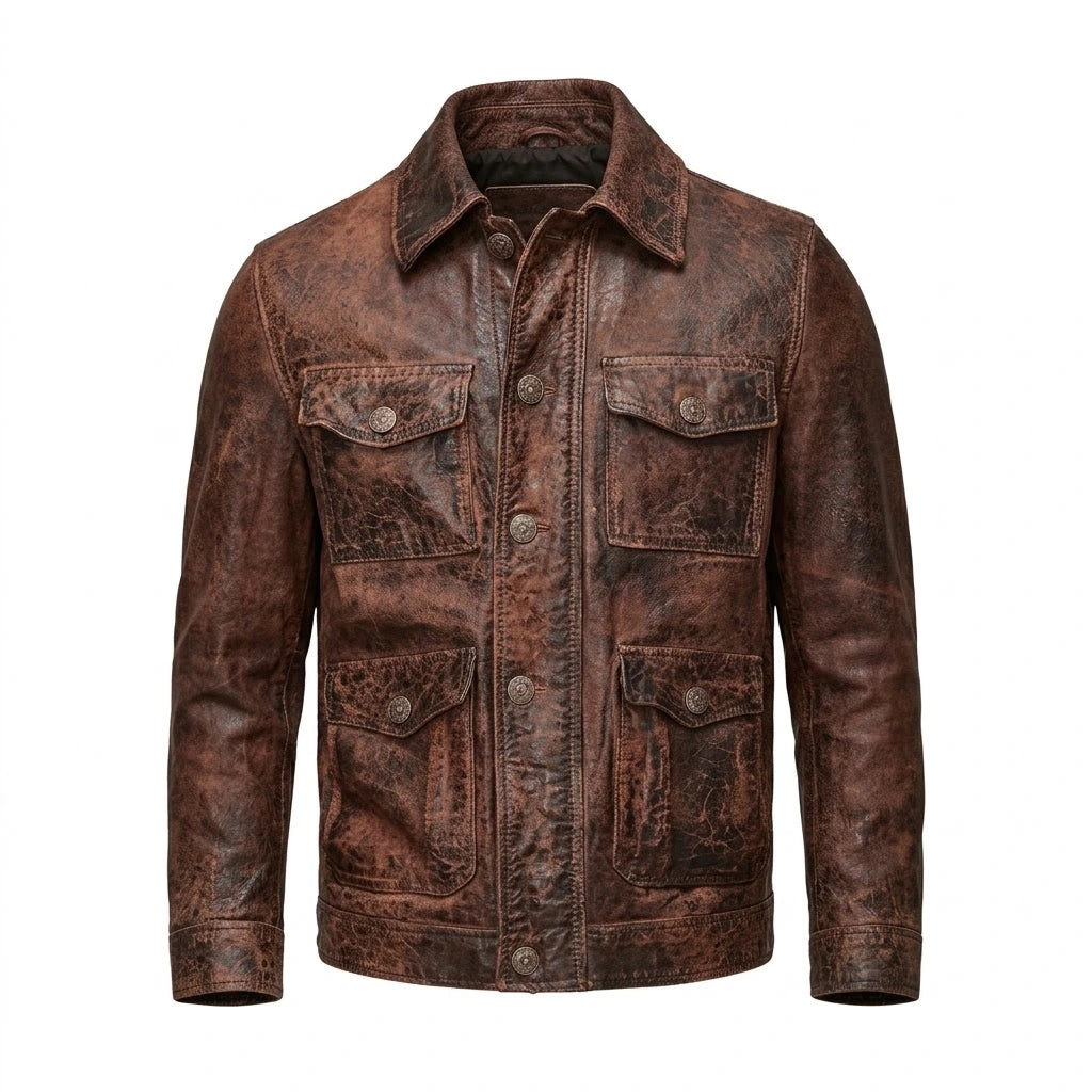 Men’s Vintage Distressed Brown Leather Button-Up Jacket front view with four flap pockets